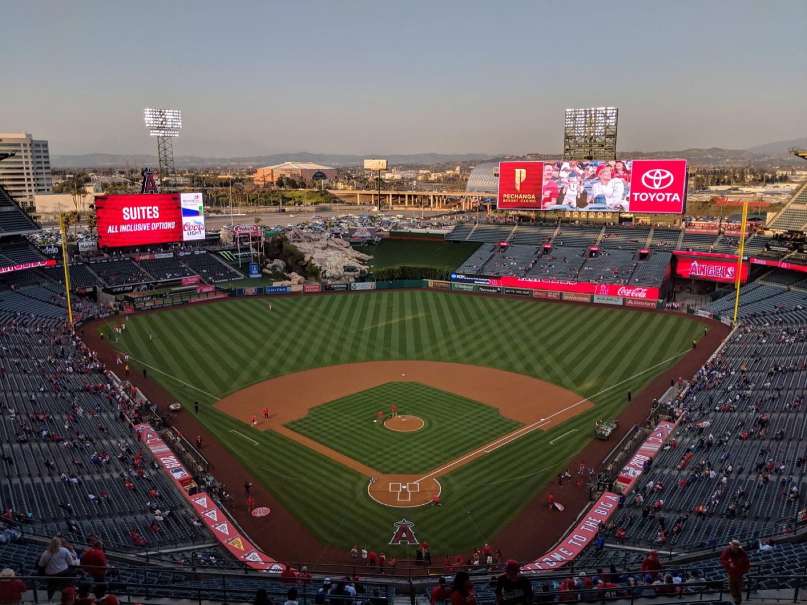 The baseball field and stands at Angel Stadium